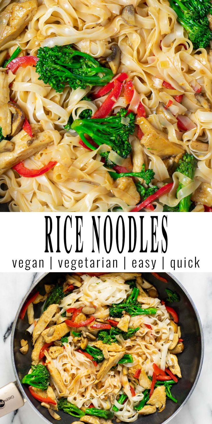 Two pictures of the easy Rice Noodles recipe stacked above each other. Top one shows a close up of the vegetables like mushrooms, broccoli and bell pepper, together with vegan chicken bites. Bottom picture is showing a whole wok with the ready stir fried noodle dish. In between the two pictures is the name of the recipe. Easy Rice Noodle Recipes, Rice Noodles Recipe, Vegan Casseroles, Rice Noodle Recipes, Clean Eating Vegan, Vegan Entrees, Vegan Noodles, Easy Rice, Vegan Rice