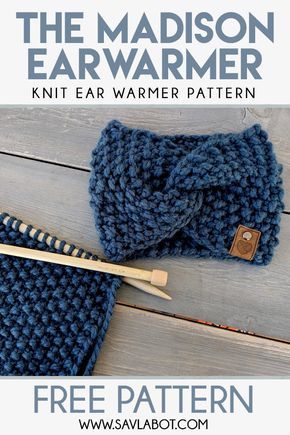 the madison ear warmer is knitted in blue yarn and has a wooden knitting needle