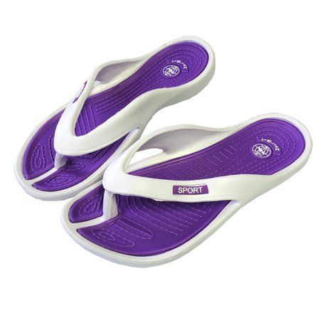 These light weight casual flip flop sandals are perfect for wear on the beach, around the pool, along the boardwalk and great for casual wear. Size: 9.  Color: Purple.  Gender: female.  Age Group: adult. White Eva Slippers For The Beach, White Flip Flops For Beach Vacation, White Open Toe Flip Flops For Vacation, White Toe Post Beach Slippers, White Eva Flip Flops For Vacation, Non-slip Sport Sandals For Beach Season, Casual Sandals For Pool And Beach Season, Casual Sport Sandals For Swimming, Purple Non-slip Sandals For Vacation