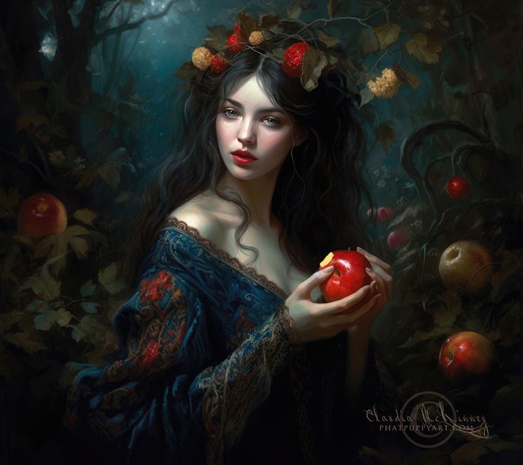 a painting of a woman holding an apple