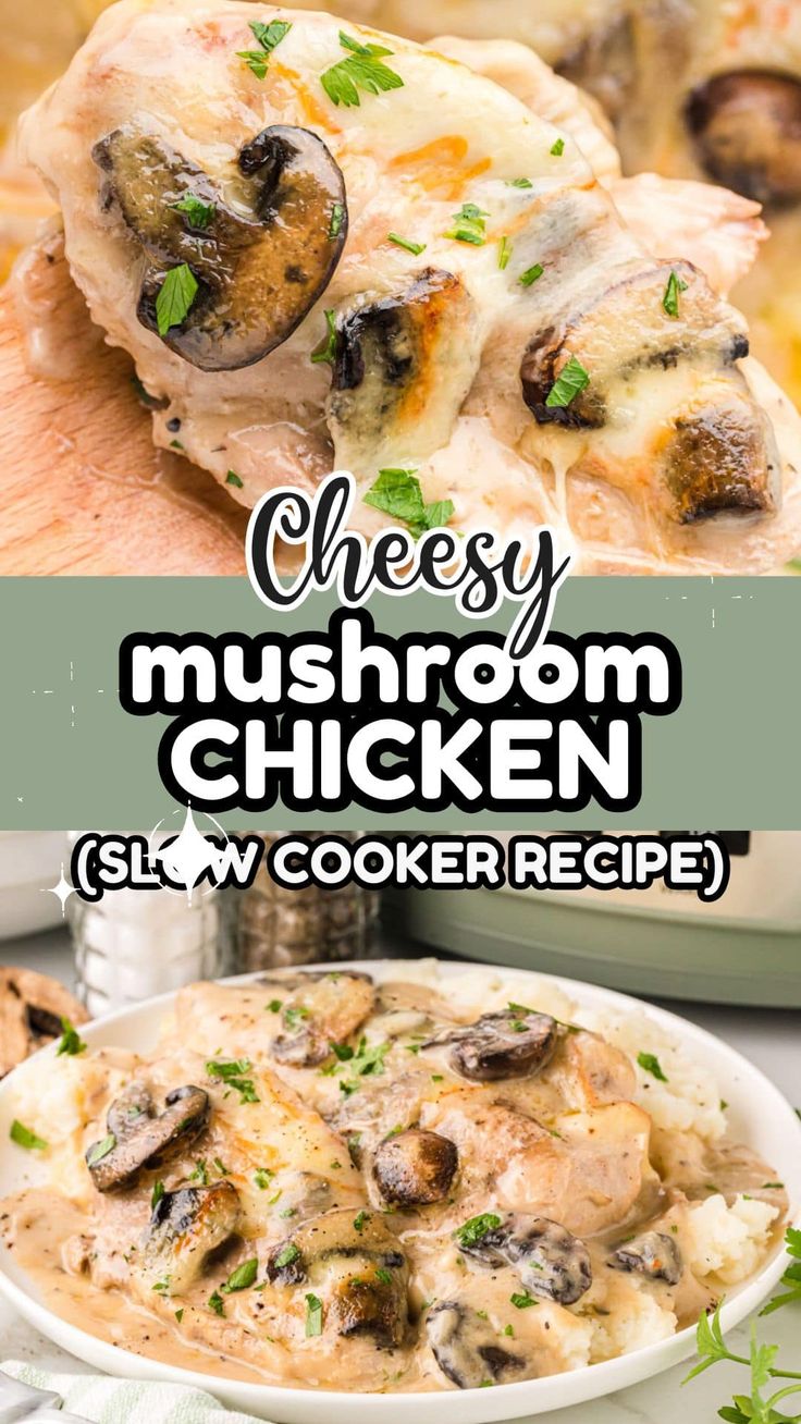 chicken with mushrooms and cheese in a white bowl