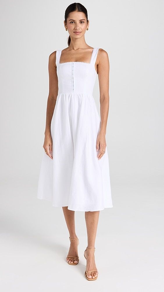 Fitted Unlined Linen Dress, Fitted Linen Dress With Square Neck, Chic Linen Dress With Smocked Back, Fitted Casual Linen Dress Unlined, Linen Dress With Smocked Back For Daywear, Fitted Sleeveless Linen Dress With Smocked Back, White Linen Fitted Dress With Square Neck, White Fitted Linen Dress With Square Neck, Classic Fitted Linen Dress For Daywear