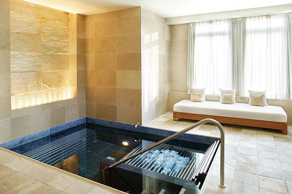 an indoor jacuzzi is shown in the middle of a living room with sofas