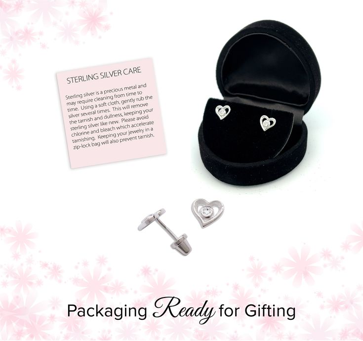 Sterling silver dainty heart earrings with single pink CZ in center that sparkle and shine (6mm) for those girls who love bling! These sweet little earrings come with screw backs so she won't lose them and come packaged in darling gift box!Earrings include an extra hypo-allergenic, anti-tarnish finish to keep your pieces sparkling beautifully for years to come. Personalized Silver Heart Earrings For Gift, Heart-shaped Birthstone Earrings For Gift, Silver Heart Cut Birthstone Earrings, Silver Heart Earrings With Birthstone For Gift, Personalized Sterling Silver Heart Earrings As Gift, Silver Heart Earrings For Valentine's Day Birthday, Silver Heart Earrings For Birthday And Valentine's Day, Valentine's Day Gift Heart Earrings With Birthstone, Nickel-free White Gold Heart Earrings As Gift