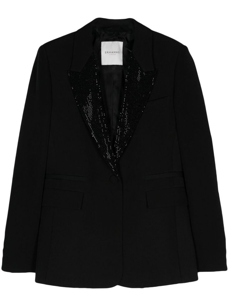 black crepe texture crystal embellishment peak lapels shoulder pads long sleeves buttoned cuffs chest welt pocket two front welt pockets two front flap pockets full lining front button fastening Sequined Workwear Blazer, Long Sleeve Sequined Blazer For Work, Elegant Embellished Blazer With Lapel Collar, Tailored Embellished Blazer For Office, Chic Embellished Office Blazer, Embellished Blazer With Notch Lapel For Work, Embellished Notch Lapel Blazer For Work, Fall Notch Lapel Blazer With Sequins, Sequined Tuxedo Blazer With Long Sleeves