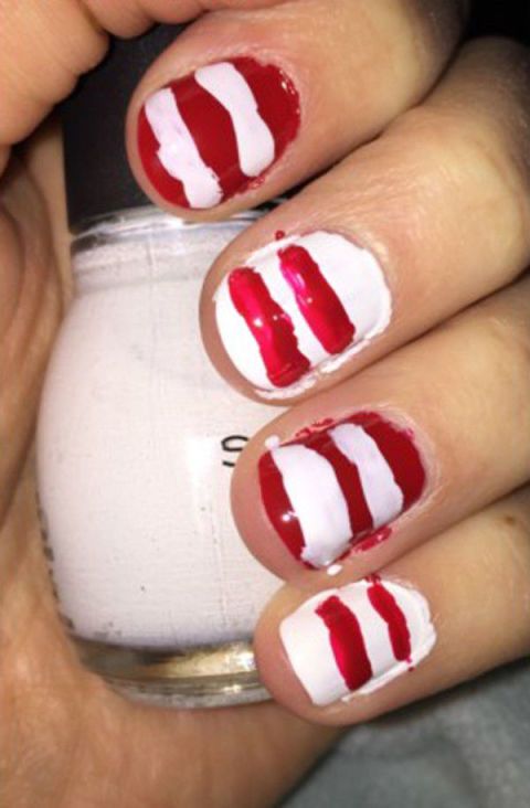 Well, there's red and there's white, so it's almost like a candy cane. Right? See the post at Pinterest Fail. Gel Nails Long, Fail Nails, Bad Nails, Candy Cane Nails, Sweater Nails, Nail Candy, July Nails, Prom Nails, Glitter Nail Art