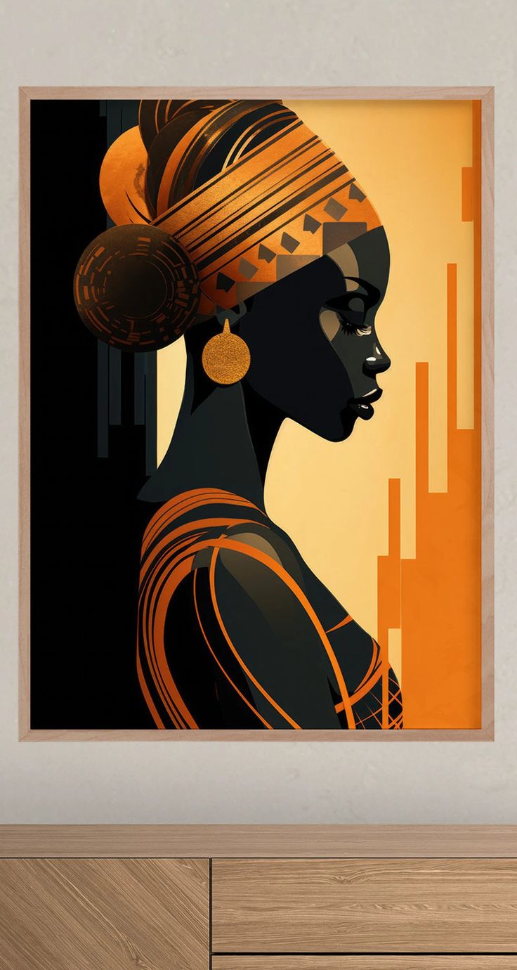 an african woman in orange and black art print on a wall above a dresser with drawers