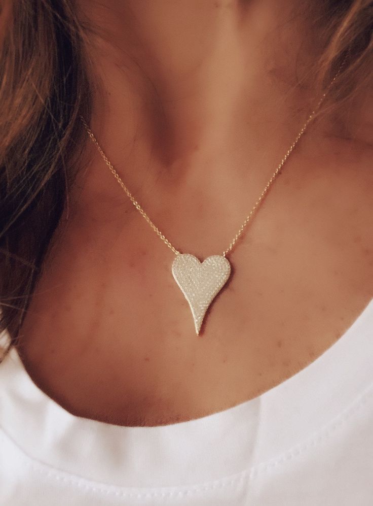 Pave Diamond Heart Necklace Elongated Heart Necklace 14k Gold diamond Heart Silver 16-18 Inch Big HEART Only Ships Fast - Etsy Pave Heart Necklace, Diamond Heart Necklace, Heart Necklace Diamond, Silver Chain Style, Gold Heart Necklace, Big Heart, Love Necklace, Diamond Heart, Pave Diamonds