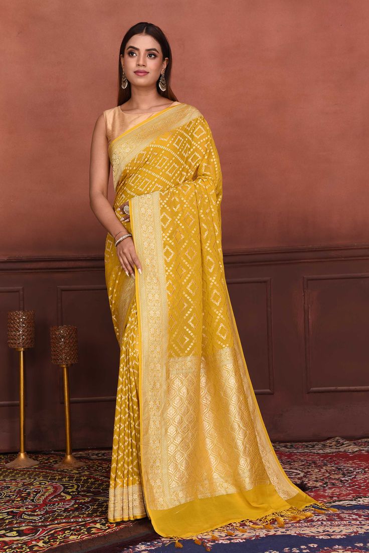 Shop mango yellow Katan silk Banarasi saree online in USA with zari work. Look your best on festive occasions in latest designer sarees, pure silk sarees, Kanchipuram silk sarees, handwoven sarees, tussar silk sarees, embroidered sarees from Pure Elegance Indian clothing store in USA.-full view Yellow Semi-stitched Chanderi Pre-draped Saree, Yellow Paithani Silk Anarkali Pre-draped Saree, Traditional Yellow Paithani Silk Pre-draped Saree, Festive Yellow Paithani Silk Pre-draped Saree, Yellow Unstitched Meenakari Saree, Yellow Banarasi Silk Pre-draped Saree For Eid, Yellow Art Silk Blouse Piece For Navratri, Yellow Semi-stitched Chikankari Pre-draped Saree, Yellow Dola Silk Pre-draped Saree For Navratri