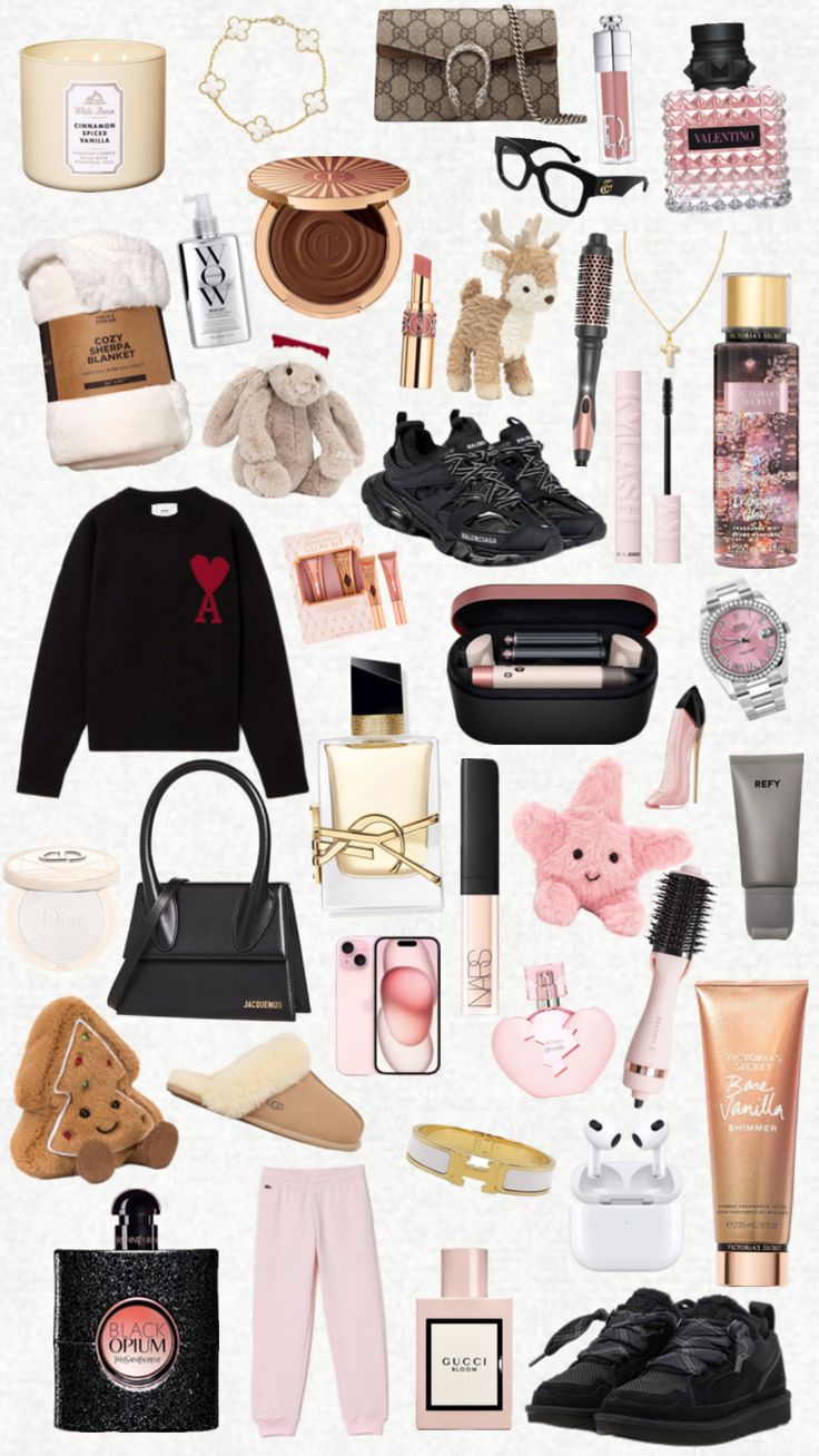 a collage of women's personal items including shoes, handbags and purses