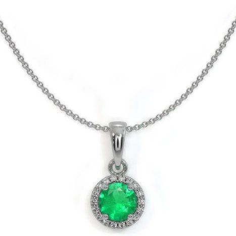 A vibrant Round Emerald measuring 5.00 x 5.00 x 3.20mm with minor clarity enhancement. It is encircled with VS2 White Diamonds that have no enhancement in an 18k White Gold setting. Fine Jewelry Emerald Necklace With Brilliant Cut, Fine Jewelry Green Emerald Necklace With Brilliant Cut, Green Emerald Necklace With Brilliant Cut For Formal Occasions, Dazzling Round Emerald Necklace, Luxury Round Brilliant Cut Emerald Necklace, Luxury Emerald Necklace With Brilliant Cut, Dazzling Round Emerald Necklace For Anniversary, Classic White Gold Emerald Necklace, Green Round Cut Diamond Necklace