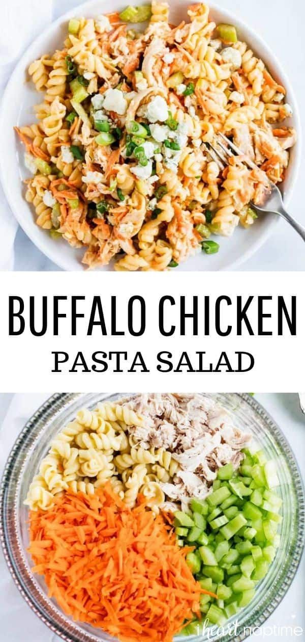 the ingredients for buffalo chicken pasta salad in bowls