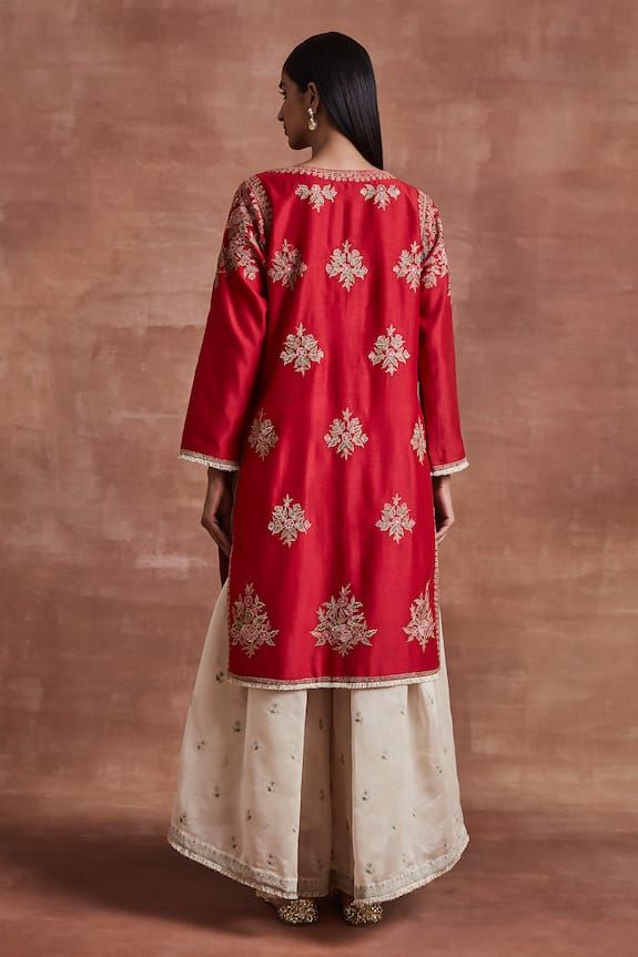 Red handwoven kurta with zari and multi-colored silk thread embroidery. Comes with a beige chanderi pleated palazzo with old gold kiran border. - Aza Fashions Silk Thread Embroidery, Kurta And Palazzo, Palazzo Set, Thread Embroidery, Silk Thread, Embroidered Silk, Set For Women, Aza Fashion, Multi Colored