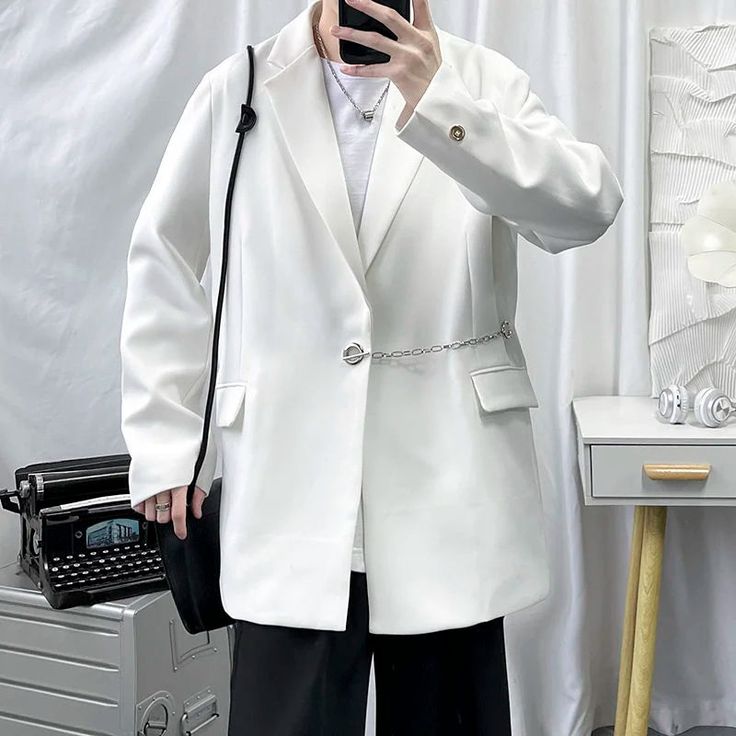 47577382617376|47577382650144|47577382682912 White Business Blazer With Button Closure, White Single Button Outerwear With Notch Lapel, White Blazer With Button Closure And Suit Collar, White Single-button Business Outerwear, White Single Breasted Blazer For Business, White Suit Collar Outerwear For Office, White Single Button Blazer For Winter, White Long Sleeve Business Blazer, White Single Button Long Sleeve Blazer