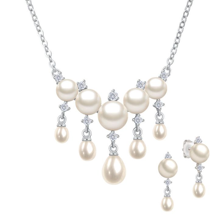 Undeniably elegant… This shimmering sterling silver necklace and earring set features an array of luminous white cultured pearls presented in an elegant drop design.  For the perfect finishing touch, the necklace and earrings are aglow with dazzling simulated diamonds that sparkle with every movement.  Arrives in our Signature Presentation Pouch, perfect for gift giving or safekeeping. Elegant Silver Pearl Necklace For Formal Occasions, Elegant Formal Drop Necklace, Elegant Teardrop Drop Necklace For Formal Occasions, White Pearl Drop Jewelry Sets, Elegant White Pearl Drop Jewelry Sets, Elegant Silver Pearl Bridal Necklace, Elegant White Gold Drop Necklace For Wedding, Elegant Pear-shaped Necklace For Party, Elegant Pear-shaped Party Necklace