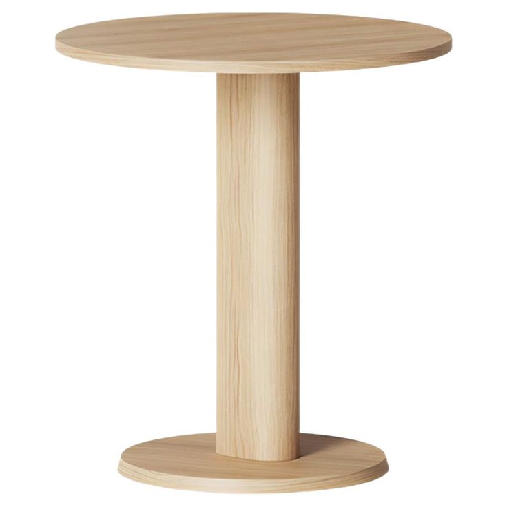 a wooden table with a round base on the top and one leg in the middle