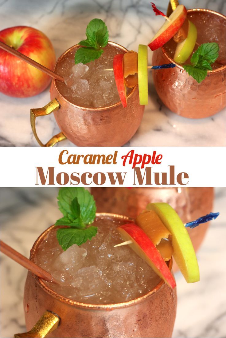 two shots in copper mugs with apples and mint garnish