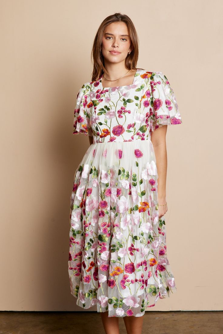 Beautiful floral embroidered dress with flowy sleeves, keyhole back closure, elastic back band in a stunning floral pattern. Self and Lining 100% Polyester Hand wash only. Aprox. measurements in inches: S:Length of self-45.5, length of lining-42 |Bust-35 |Waist-28 M:Length of self-46, length of lining-42.5 |Bust-37 |Waist-30 L:Length of self-47, length of lining-43.5 |Bust-39 |Waist-32 XL:Length of self-47, length of lining-43.5 |Bust-42 |Waist-36 modest dresses, modest dress, modest midi, modes Dress With Flowy Sleeves, Modest Midi Dress, Nursing Friendly Dress, Modest Maxi, Modest Tops, Dress Modest, Modest Dress, Modest Skirts, Dresses Modest