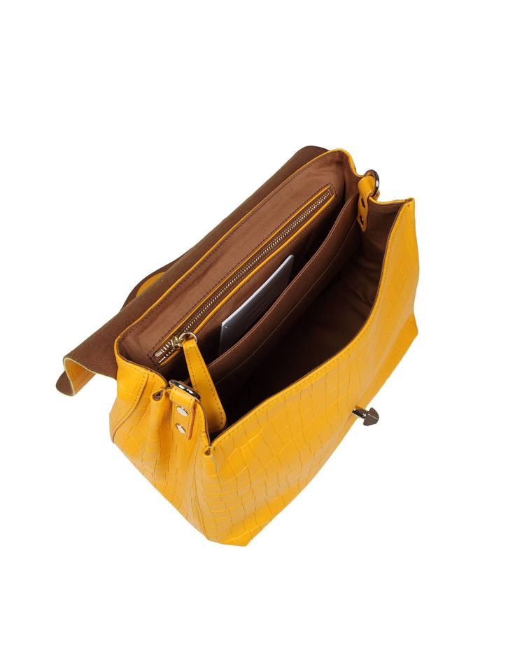 Croco print leather bag that can be carried by hand or over the shoulder yellow color twist lock adjustable and removable leather shoulder strap lined interior internal slot pocket two internal compartments 1 internal zip pocket composition 100% leather dimensions: length 29 cm height 20cm depth 13 cm made in italy Yellow Top Handle Satchel For Office, Luxury Yellow Satchel For Office, Yellow Leather Bag For Work, Classic Yellow Office Bag, Yellow Crossbody Satchel For Office, Luxury Yellow Crossbody Satchel, Classic Yellow Satchel With Detachable Handle, Yellow Office Bag With Detachable Handle, Classic Yellow Business Bags