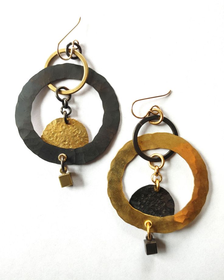 Elegant Bronze Metal Hoop Earrings, Elegant Oxidized Brass Hoop Earrings, Elegant Brass Hoop Earrings With Oxidized Finish, Elegant Gold Hoop Earrings With Oxidized Finish, Elegant Bronze Copper Earrings, Handmade Contemporary Metal Earrings, Bronze Dangle Brass Earrings, Handmade Contemporary Brass Jewelry, Contemporary Handmade Brass Jewelry