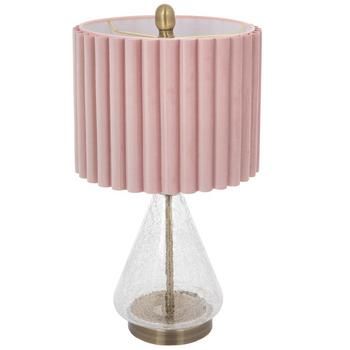 a pink lamp on a white background with a gold colored base and a round glass shade