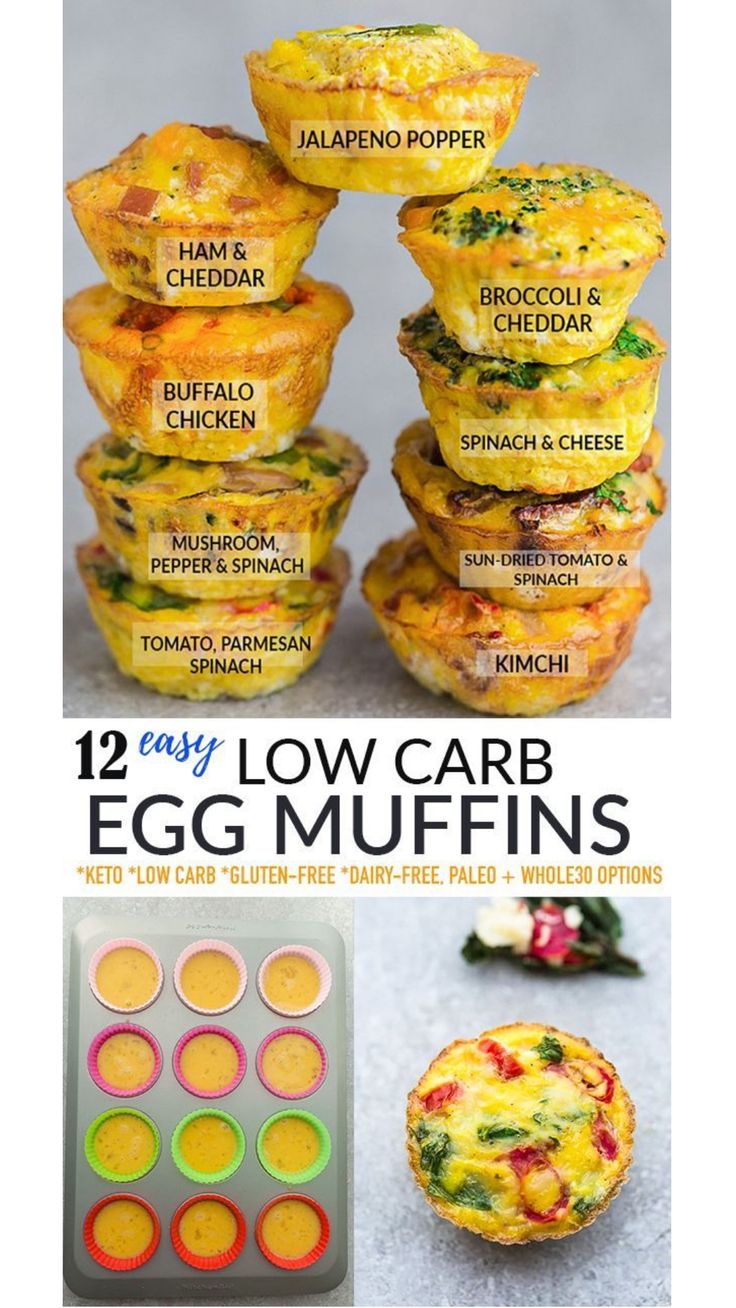 egg muffins are stacked on top of each other with the words, 12 easy low carb egg muffins