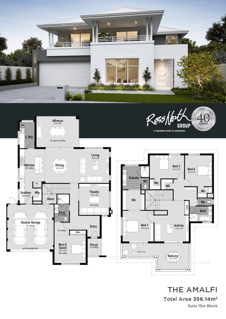 the amalfi floor plan is shown in two different colors and features an open concept