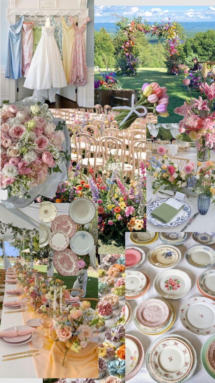 a collage of photos with flowers, plates and other items on display at a wedding