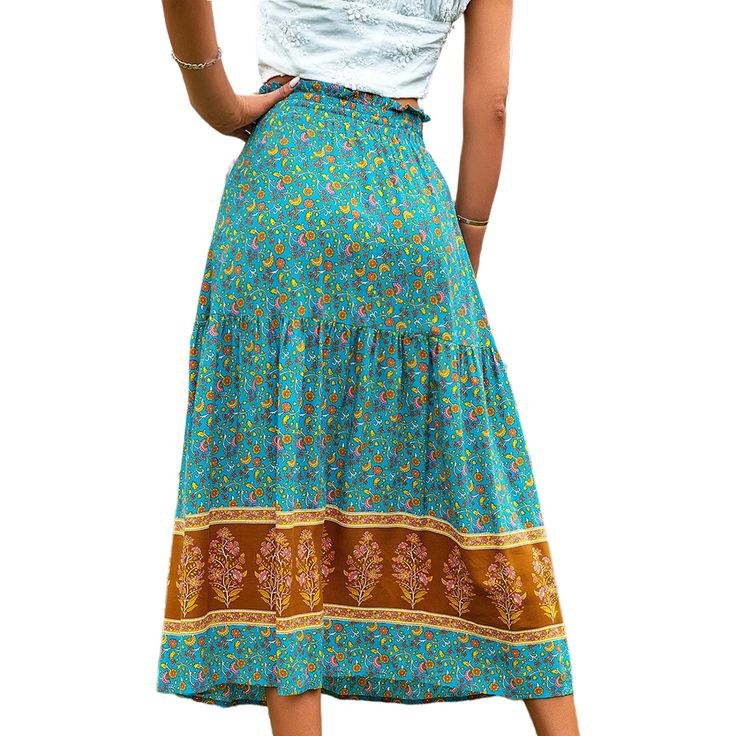 Green Bohemia Print Lace-up Boho Skirt Bohemian High Waist Floral Print Skirt, Non-stretch Multicolor Bohemian Maxi Skirt, Bohemian High Waist Multicolor Skirt, Bohemian High-waist Multicolor Skirt, Non-stretch Bohemian High Waist Skirt, Non-stretch High Waist Bohemian Skirt, Bohemian High Waist Non-stretch Maxi Skirt, Boho Skirt, Boho Skirts