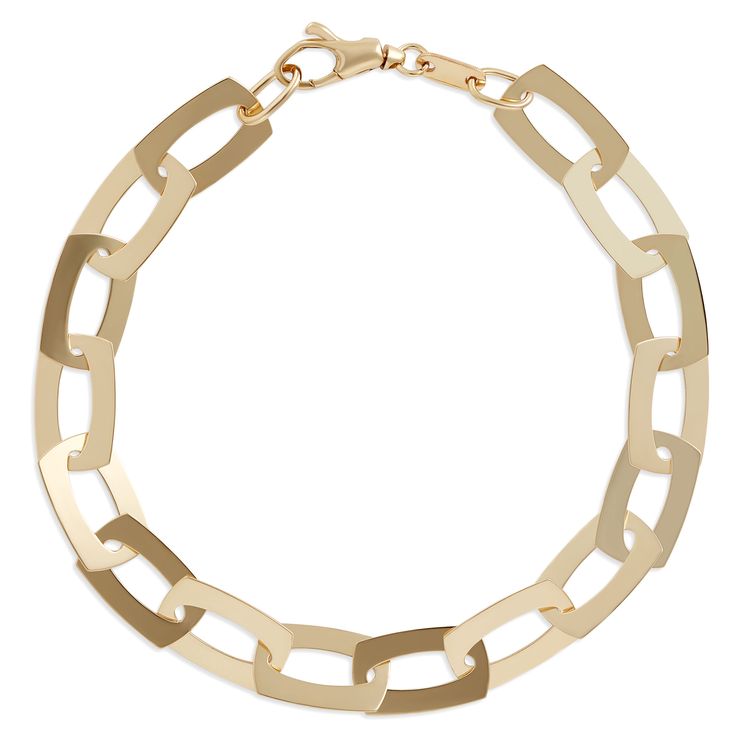 This stunning Italian made oval flat link bracelet is crafted with beautiful 14k yellow gold. The detail puts a modern twist on a classic style with the unique shape and polish of each flat link. Like every piece from our Toscano Collection, this 7.5-inch bracelet showcases the best of Italian design and artistry for style made to wear and love every day. Modern Tarnish-resistant Oval Link Bracelets, Modern Tarnish-resistant Oval Link Bracelet, Modern Gold-plated Oval Link Bracelet, Modern Link Bracelets With Polished Finish, Modern Gold Plated Oval Link Bracelet, Modern Yellow Gold Oval Link Chain Bracelet, Modern 14k Gold Chain Link Jewelry, Modern 14k Gold Oval Link Bracelet, Polished Oval Link Metal Chain Bracelet