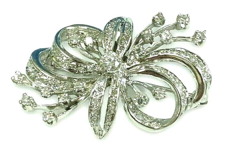 Vintage 1.23CT Diamond 14k White Gold Ribbon Bow Pendant Brooch Weighs 7.7 Gr Formal White Gold Platinum Brooches, Formal White Gold Brooches With Diamond Accents, Formal Single Cut Diamond Brooch, Silver Brooch With Single Cut Diamonds For Formal Occasions, Silver Brooches With Single Cut Diamonds For Formal Occasions, Formal Silver Brooches With Single Cut Diamonds, Formal White Gold Brooches With Single Cut Diamonds, Formal Round Brooches With Single Cut Diamonds, Platinum Brooch Jewelry For Anniversary