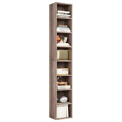 a tall wooden shelf with books and other items on it, against a white background