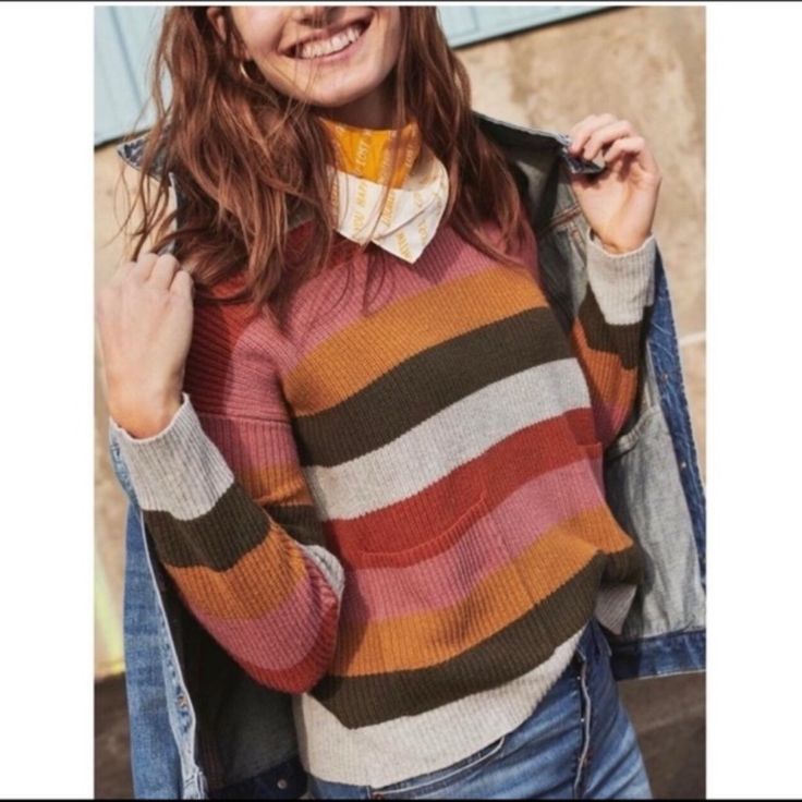 Nwt Patch Pocket Pullover Sweater In Walton Stripe Size Small Same Sweater But Slightly Variation Color Stripes As Stock Photo- Knitted From Our Favorite Yarn, This Striped Crewneck Sweater Has An Easy, Boxy Fit And A High-Low Hem Made For Half-Tucking. Maybe The Best Part? Those Cute Retro Patch Pockets. Boxy Fit. Body Length: 21 3/4". Cotton/Viscose/Nylon. Hand Wash. Import. Trendy Orange Sweater For Layering, Casual Orange Tops For Layering, Orange Tops For Layering In Fall, Fall Orange Tops For Layering, Orange Tops For Fall Layering, Fleece Pullover Outfit, Winter Pullover Outfits, Denim Street Style, Ripped Jeans Outfit