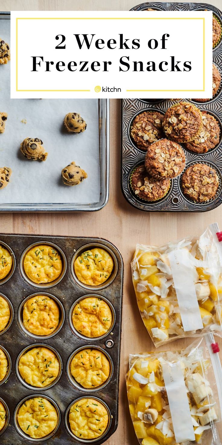 some muffins and other food items on a table with the words 2 weeks of freezer snacks