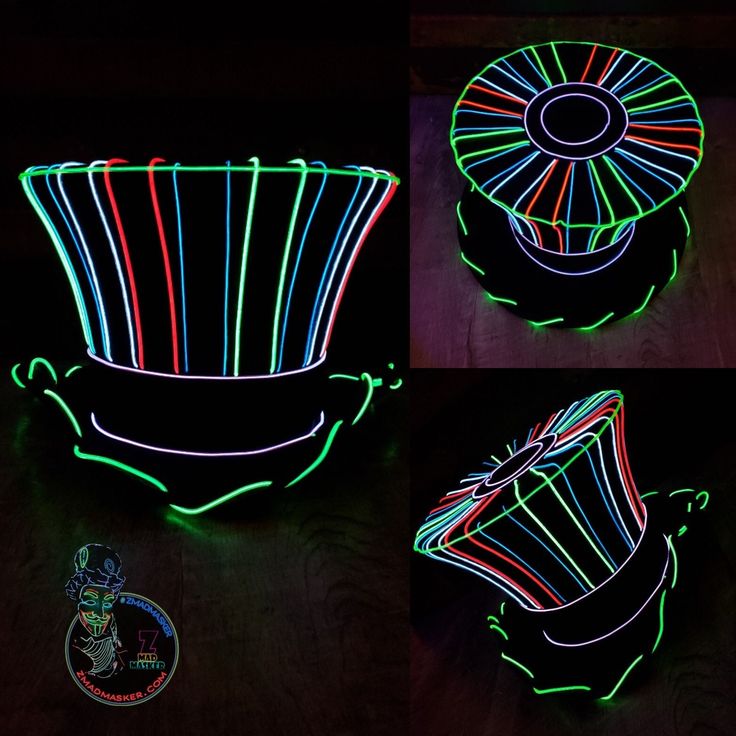 Striped Neon Top Hat! ~  Multiple Designs Available!! Too Many To List  100% HANDMADE *WARNING: YOU WILL TURN HEADS! (Check out instagram.com/zmmconcepts for footage!) *Pictures are of past makes and custom orders, the hat you receive will not be exact. Each are unique and made to order just for YOU! YOU WONT FIND THIS ANYWHERE ELSE! 100% Handmade in NY! The next evolution in wearable neon. -------------------------------------------------------- SIZING CHART: ----------------------------------- Neon Steampunk, Slay Clothes, Rainbow Costume, Rainbow Costumes, Neon Top, El Wire, Rave Clothing, Wire Lights, Neon Design