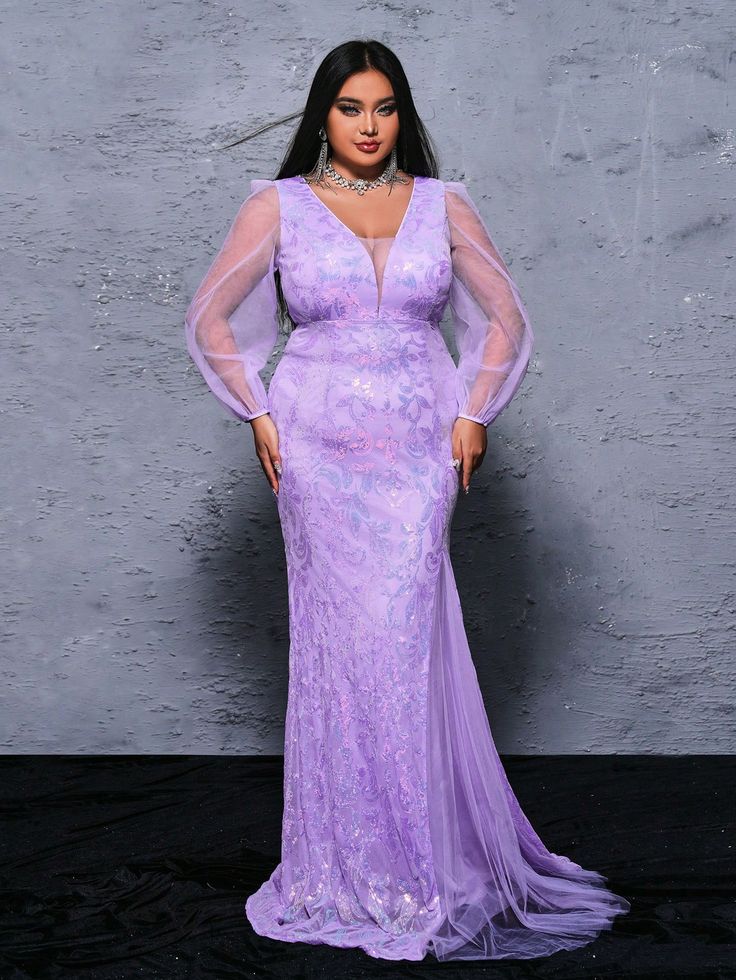 Plus Size V-Neck Long Sleeve Sequin Bodycon Party Dress, Elegant Formal Evening Prom Gown, For Wedding Guest, Graduation, Dinner Purple Party  Long Sleeve Sequins Floral,All Over Print Bodycon Slight Stretch  Weddings & Events, size features are:Bust: ,Length: ,Sleeve Length: Purple V-neck Evening Dress For Party, Purple Long Sleeve Evening Dress For Prom, Purple Long Sleeve Prom Evening Dress, Spring Wedding V-neck Bodycon Dress, V-neck Bodycon Dress For Wedding, Long Sleeve Bodycon Dress For Wedding And Party Season, Purple Long Sleeve Bodycon Evening Dress, Long Sleeve Bodycon Dress For Wedding Party, Purple V-neck Bodycon Party Dress