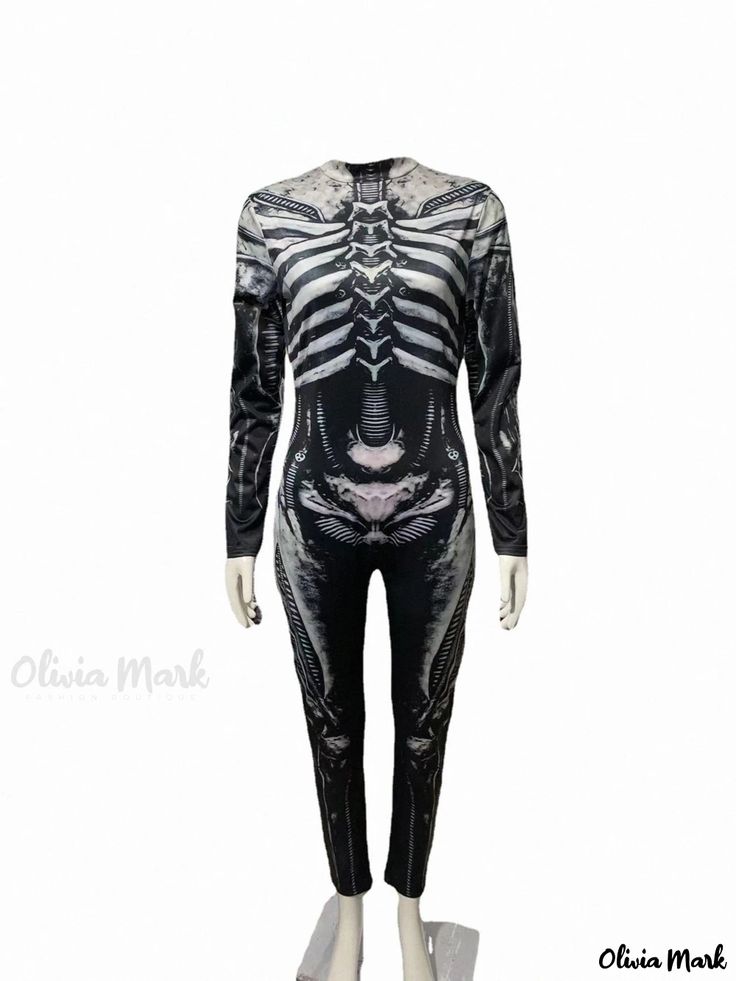 Olivia Mark - Halloween Skeleton Printed Bodysuit Costume with Bodycon Fit Gothic Bodysuit For Halloween Costume Party, Fitted Black Costume For Fall, Costume Long Sleeve Stretch Bodysuit, Stretch Long Sleeve Costume Bodysuit, Black Long Sleeve Bodysuit For Cosplay, Stretch Long Sleeve Bodysuit For Costume, Fitted Long Sleeve Bodysuit For Cosplay, Halloween Costume Long Sleeve Bodysuit, Halloween Long Sleeve Bodysuit For Costume Party