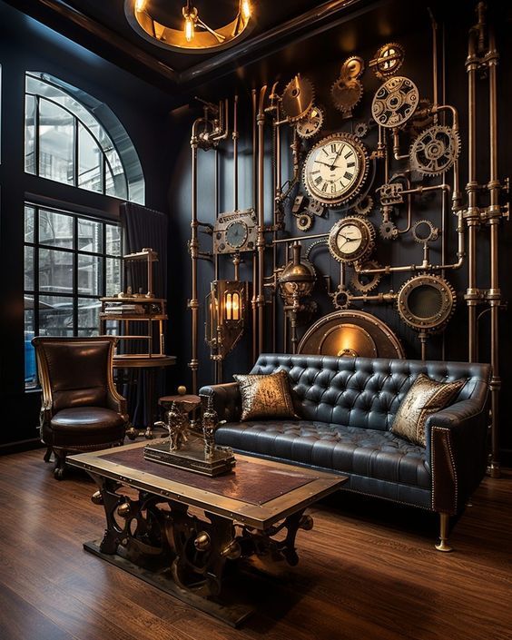 a living room filled with furniture and lots of clocks