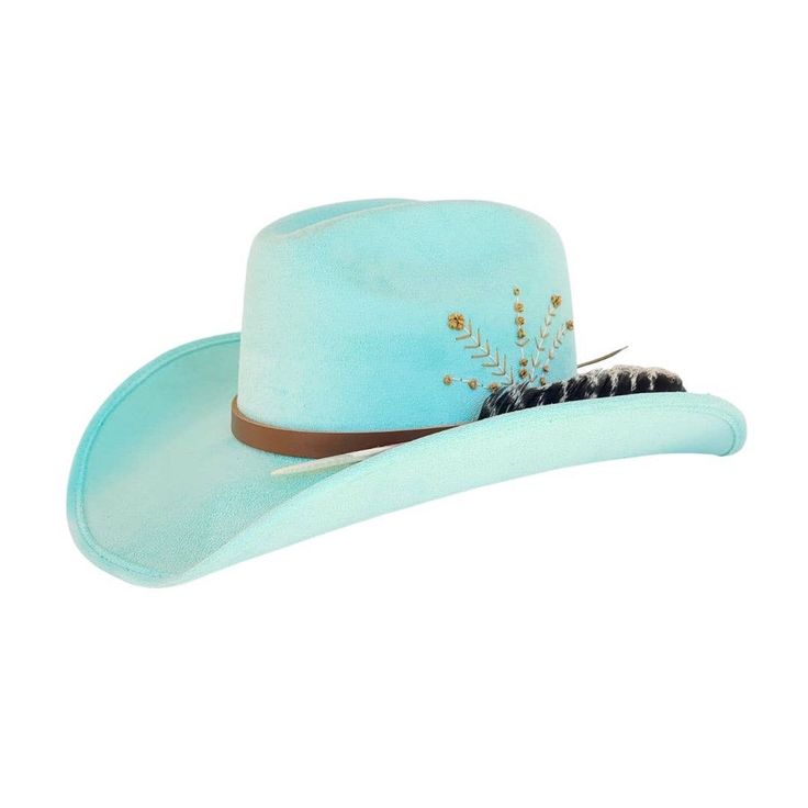 Introducing our GABY Cowboy Hat, a fusion of rugged charm and contemporary flair designed for the adventurous spirit. Crafted from durable polyester suede in a striking turquoise shade, this hat is sure to make a statement. Partnering with the esteemed brand Pola Palma, we've adorned this hat with delicate floral embroidery around the crown, adding a touch of femininity to its Western-inspired design. The addition of a brown leather cord and feather accentuates its rustic allure.Boasting a 4" br Blue Western Hat For Kentucky Derby, Blue Western Felt Hat For Beach, Adjustable Blue Fedora For Western-themed Events, Adjustable Light Blue Outdoor Hats, Blue Western Hat For Rodeo, Wide Brim Blue Hat For Western-themed Events, Blue Wide Brim Hat For Western-themed Events, Adjustable Blue Felt Country Hat, Blue Wide Brim Country Style Felt Hat