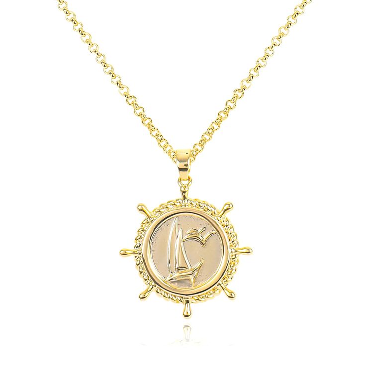 PRICES MAY VARY. ⛵GOLD RUDDER PENDANT NECKLACE⛵This gold round rudder pendant necklace is a fine piece of jewelry, renowned for its unique design and exquisite craftsmanship. The pendant features a classic cable chain, giving the entire necklace a stylish and elegant look. The pendant itself is a circular rudder shape, engraved with a sailing ship and adorned with seagulls. This design is not only beautiful but also imbued with a maritime spirit, making it a captivating accessory. ⛵TRENDY SAILBO Gold-tone Gold Plated Round Charm Necklace, Round Medallion Necklace With Gold Chain As Gift, Gift Medallion Necklace With Gold Chain, Gift Round Medallion Necklace With Gold Chain, Gold Medallion Locket Necklace With Lobster Clasp, Gold Round Gold-plated Charm Necklaces, Gold Plated Round Charm Necklaces, Gold Charm Necklace With Lobster Clasp, Gold Medallion Necklace With Lobster Clasp