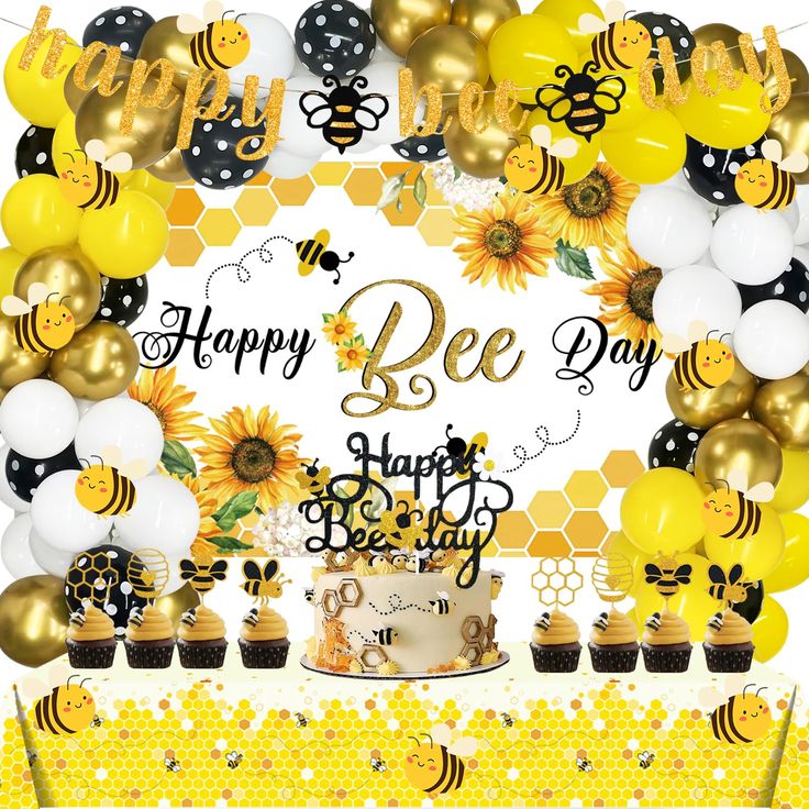 a bee themed birthday party with sunflowers and balloons