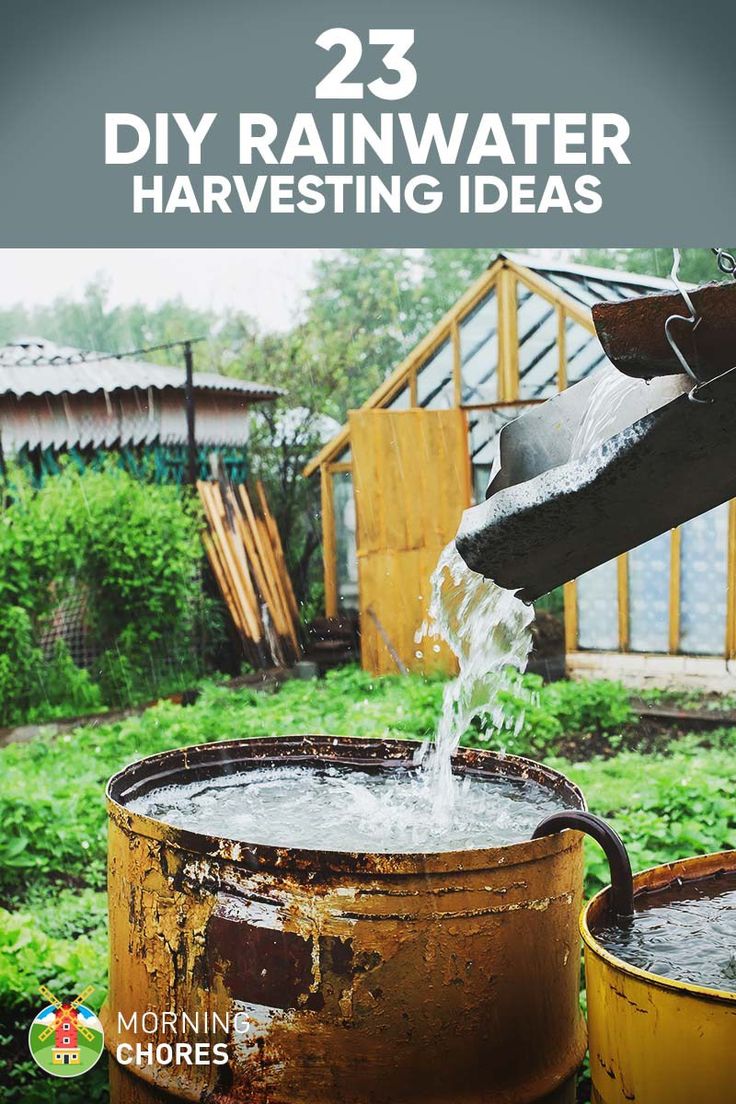 the cover of 25 diy rainwater harvesting ideas, with two buckets full of water