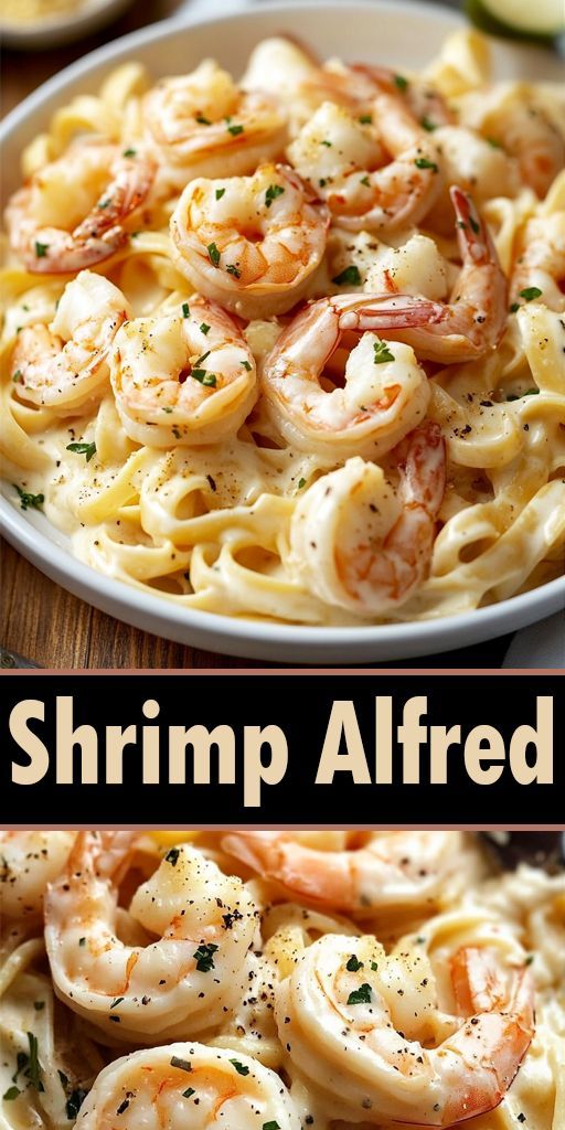 shrimp alfredo with garlic and parsley in a white bowl