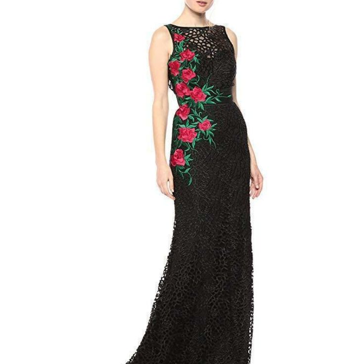 The Gown Is A Sleeveless, Lined, Sheer Lace Overlay, Open Back Gown With A Round Neckline. It Also Has A Beautiful Flower Applique. Finished With A Back Zip And Hook Closure. Length Is About 75” Long The Gown Is 100% Authentic In The Original Packaging Sleeveless Lace Gown With Floral Applique, Sleeveless Evening Dress With Floral Applique, Sleeveless Black Lace Gown, Sleeveless Floral Applique Evening Dress, Sleeveless Evening Dress With Floral Embroidery For Gala, Sleeveless Floral Embroidered Maxi Dress For Evening, Sleeveless Maxi Dress With Floral Embroidery For Evening, Sleeveless Gown With Floral Embroidery For Gala, Sleeveless Floral Embroidered Maxi Dress For Gala