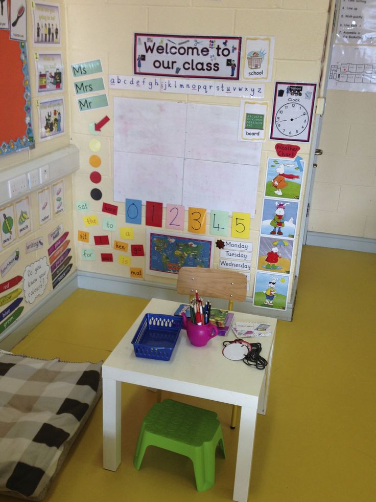 a child's desk and chair in a room with bulletin boards on the wall