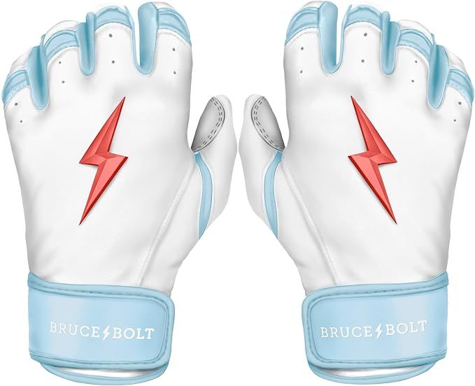 a pair of white and blue baseball gloves with red lightning bolt on the left side