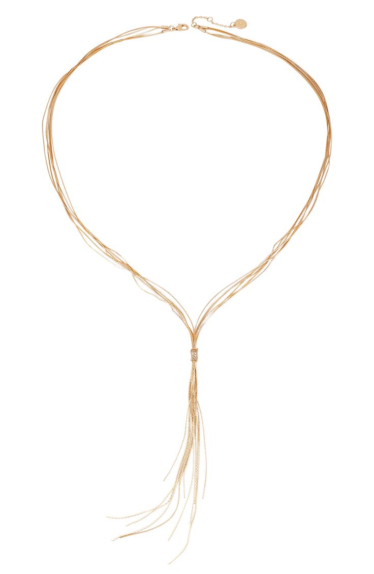 Layers of dainty chain define this Y-necklace that adds party-ready vibes to any ensemble. 32" length Lobster clasp closure Goldtone plate Imported Adjustable Multi-strand Lariat Necklace For Party, Adjustable Lariat Long Necklace With Chain, Single Strand Lariat Necklace For Party, Party Single Strand Lariat Necklace, Party Lariat Necklace Single Strand, Adjustable Long Drop Delicate Chain Necklace, Elegant Adjustable Layered Necklace With Lobster Clasp, Adjustable Delicate Lariat Necklace, Adjustable Delicate Chain Lariat Necklace For Party