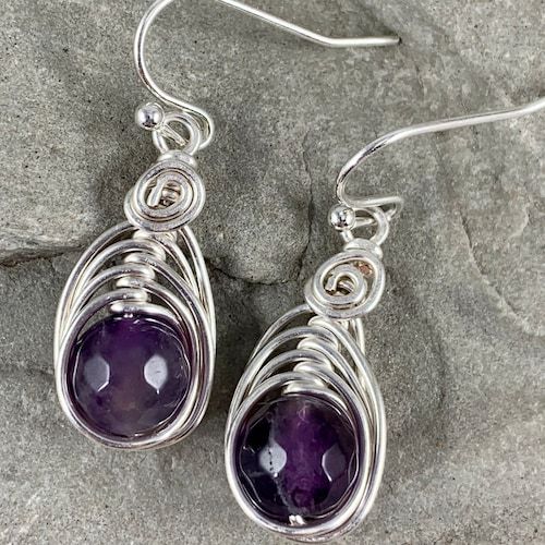 Purple Round Spiritual Earrings, Spiritual Purple Round Earrings, Spiritual Round Purple Earrings, Purple Earrings With Ear Wire For Anniversary, Purple Hook Earrings For Anniversary, Purple Anniversary Earrings With Ear Wire, Lavender Sterling Silver Earrings With Ear Wire, Lavender Gemstone Earrings For Gifts, Silver Amethyst Wire Wrapped Earrings