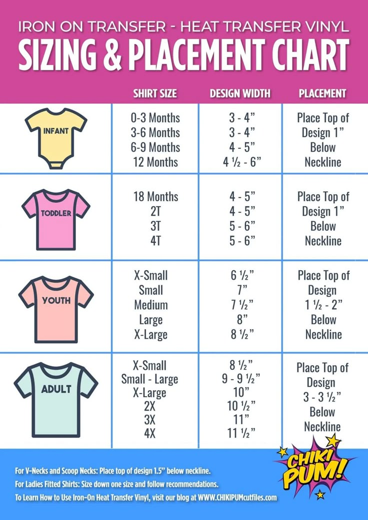 the size and placement chart for t - shirts in different colors, sizes and styles