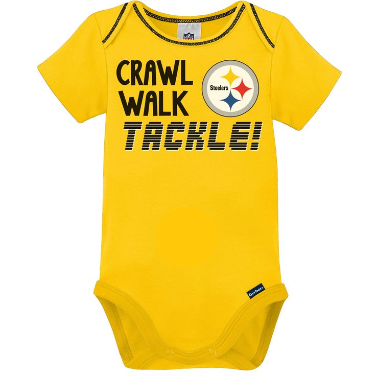 Prepare your little pint-sized all star for game day with this Pittsburgh Steelers baby boys' short sleeve bodysuit 3-pack set! The screenprint with puff and contrast coverstitch details proudly highlights the Steelers logo. There will be no doubt about who your little boy is rooting for! The cotton/poly blend interlock provides a soft, comfy feel that keeps him at the top of his game as he represents your family's favorite team. An expandable lap shoulder neckline makes pulling the bodysuit ove Steelers Baby, Steelers Logo, Baby Size Chart, Gerber Baby, Cotton Sleepwear, Front Bottoms, Toddler Boy Outfits, Short Sleeve Bodysuit